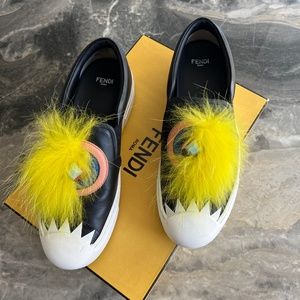 Fendi Sneaker, Bug, Black with Yellow Fur, Women size 36.5